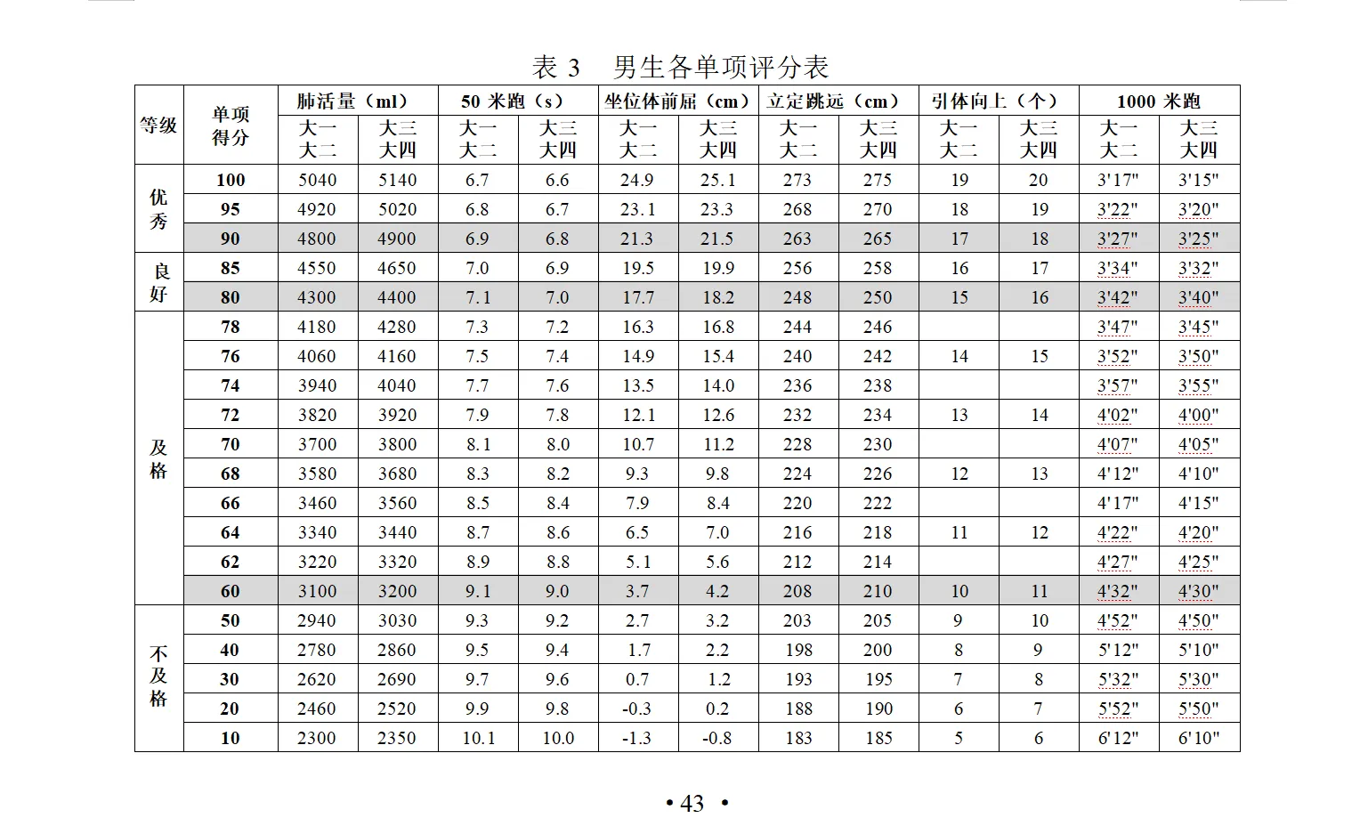 男生体测评分标准